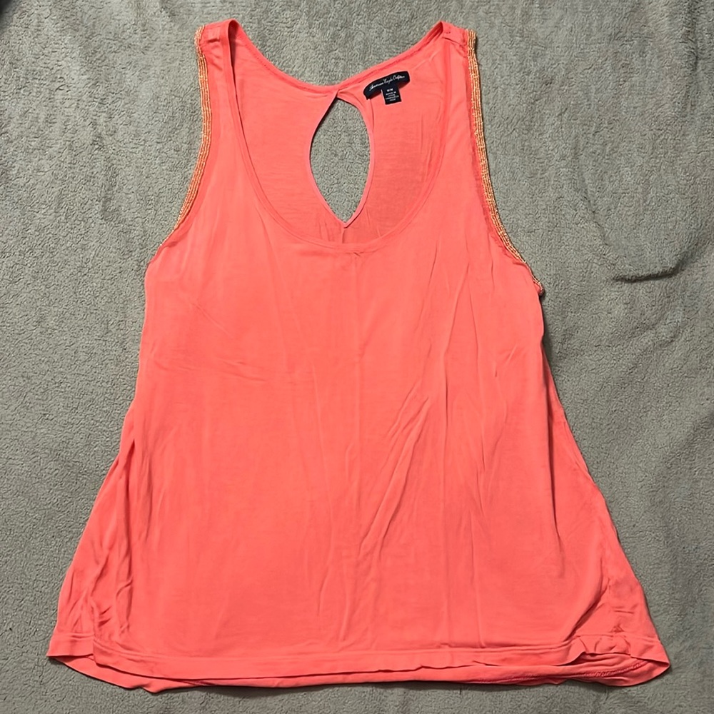 American Eagle Tank Top- Size Medium, Key Hold Back, Beaded Arm Holes, Coral